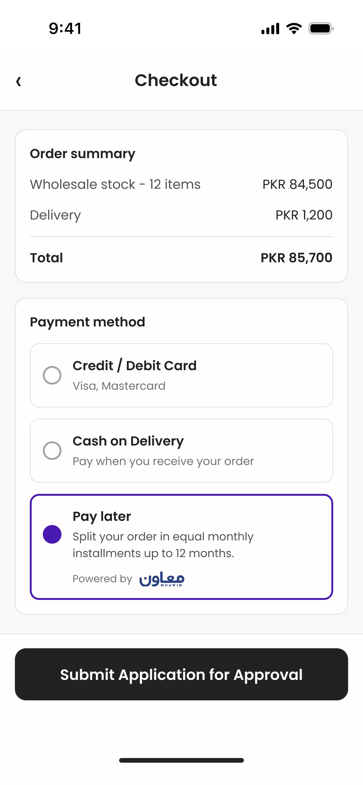 Partner-app checkout with 'Pay later — Powered by Muawin' as an embedded payment option
